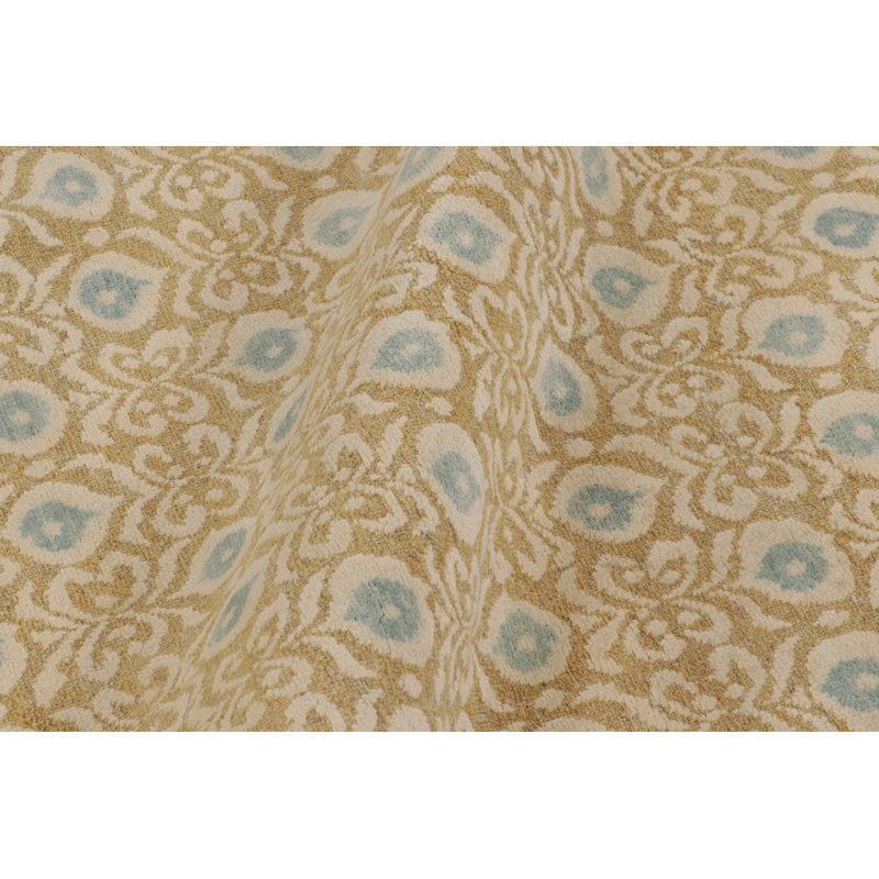 Rug & Kilim’S Block Print Rug With Gold And Blue Dense Floral Pattern