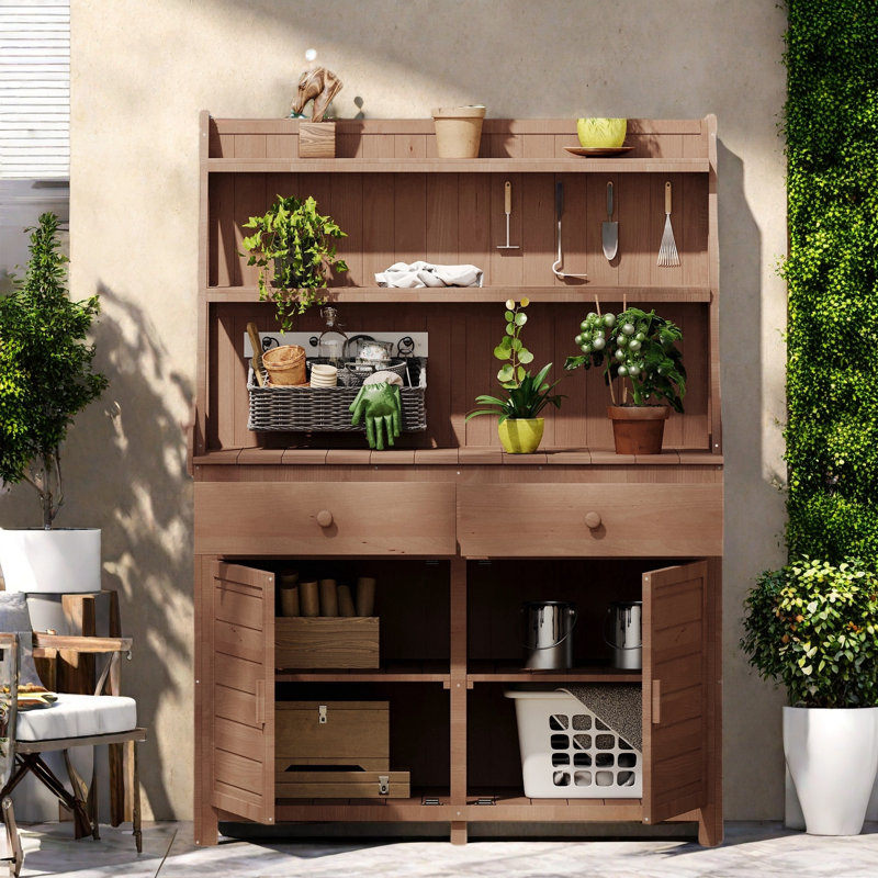Table de jardin avec 2 tiroirs, 2 armoires et tablettes de rangement, Brun