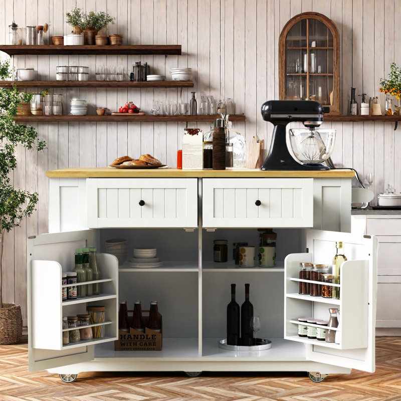 Large Rolling Kitchen Island With Drop Leaf, Power Outlet, Internal Storage Racks, 5 Open Side Racks, 2 Drawers, An Adjustable Shelf