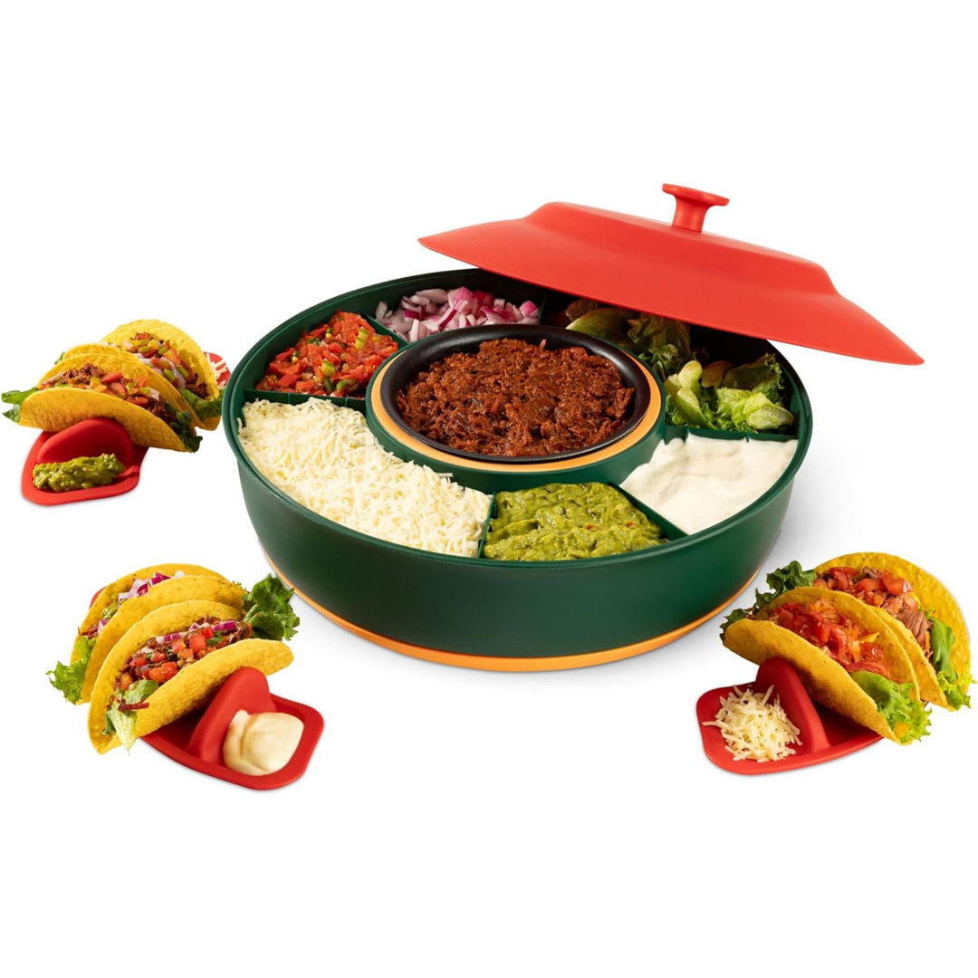 Taco Tuesday Kit - Taco Bar Serving Set For A Party - 30Oz Heated Pot, 4 Taco Holders, & Detachable Lazy Susan Tray - Taco Night Fiesta – Unique Couple & Housewarming Gift Set Ideas Prep & Savour