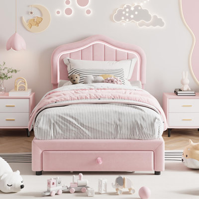 Lit plateforme simple tapissier rose avec tête de lit à DEL et tiroir de rangement, aucun sommier nécessaire