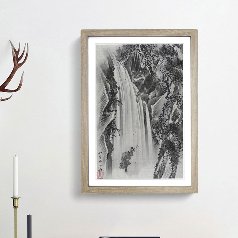 Eagle & Monkey by a Waterfall by Kawanabe Kyosai - Picture Frame Painting Print, Oak Framed, 65cm H x 48cm W x 2cm D