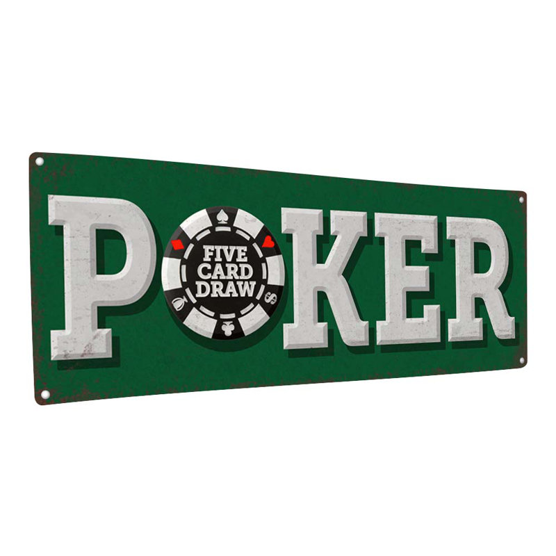 «Poker Five Card Draw Metal Sign» sur métal, H 5,75 po x l 15,5 po