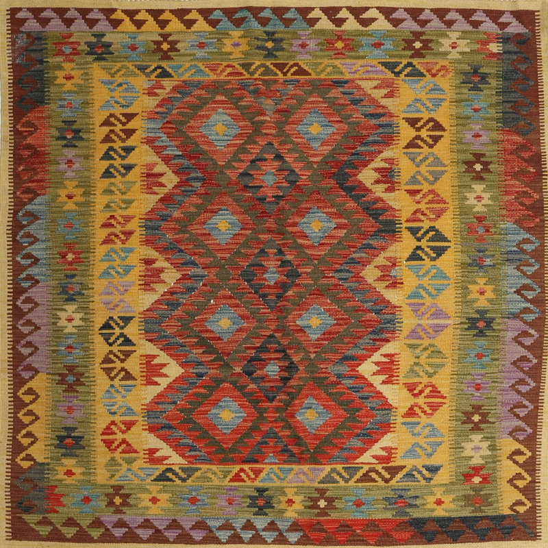 Tapis gris/rouge/crème contemporaine, Carré 8 pi