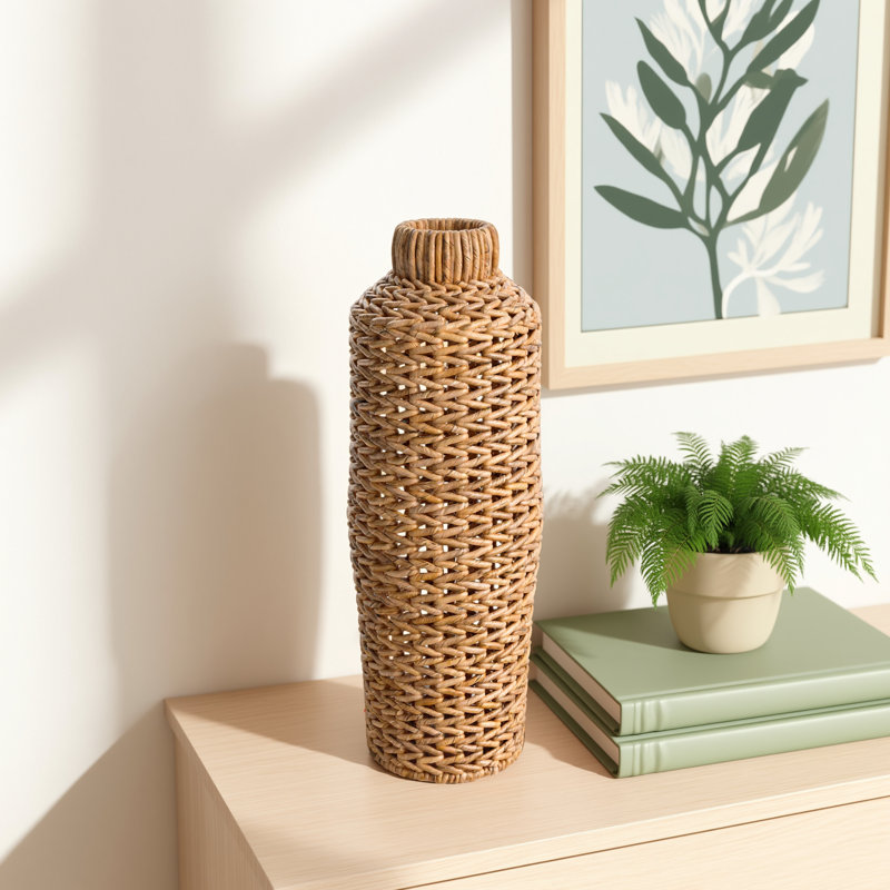 Handwoven Water Hyacinth & Rattan Floor Vase, 22" H x 8" W x 8" D