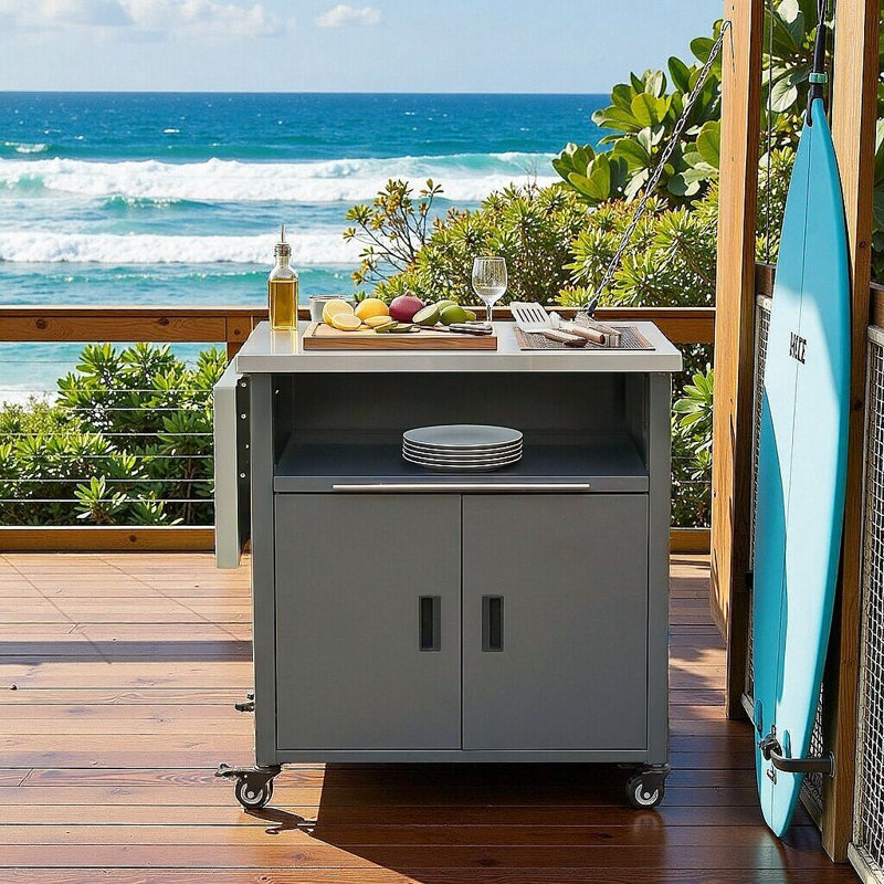 Chariot de cuisine pliable pour l'extérieur avec deux plateaux de table et rangement pour barbecue et patio, Gris
