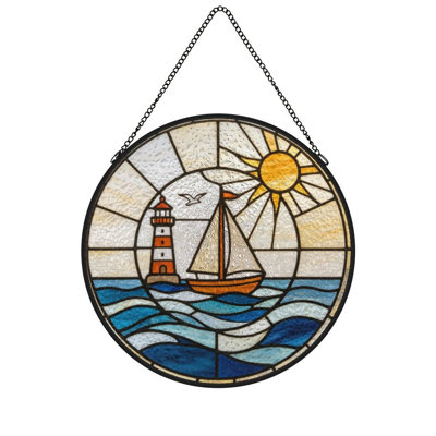 Stained Glass Lighthouse Sailboat Sun Ocean Wave Stained Glass Panels Suncatcher for Window Decor