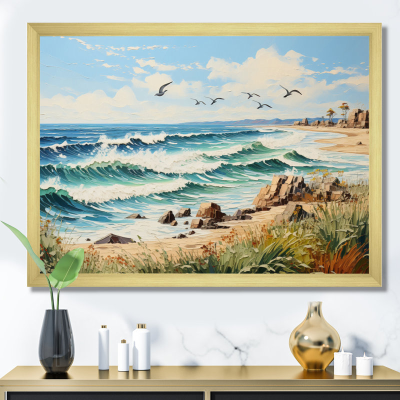 Mouettes en vol au-dessus de la plage II - Reproduction d'art nautique et de plage, Cadre doré à une seule photo
