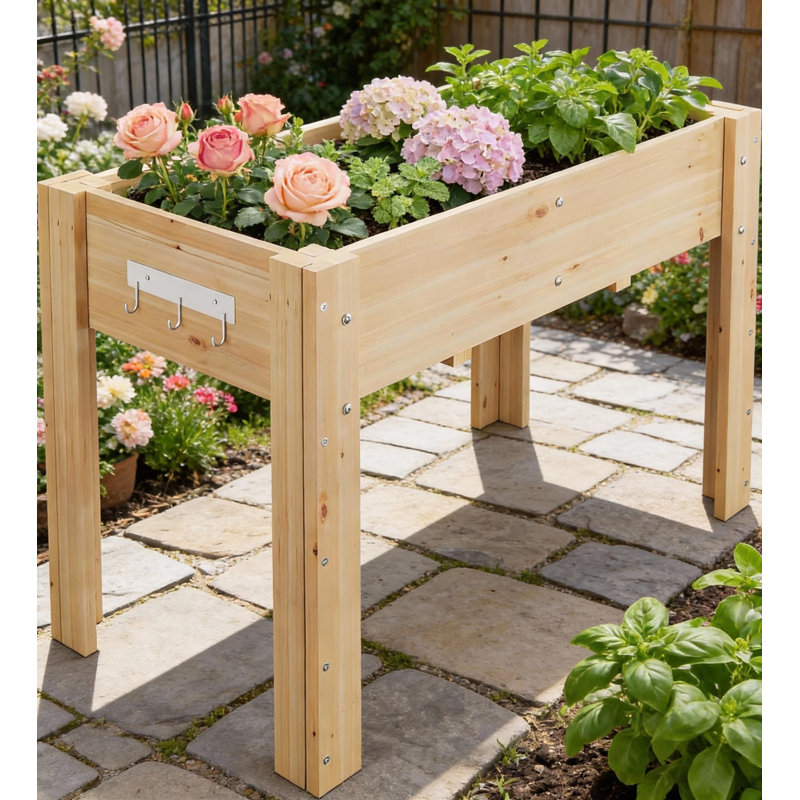 Boîte à fleurs surélevée en bois, avec crochets et doublure non tissée