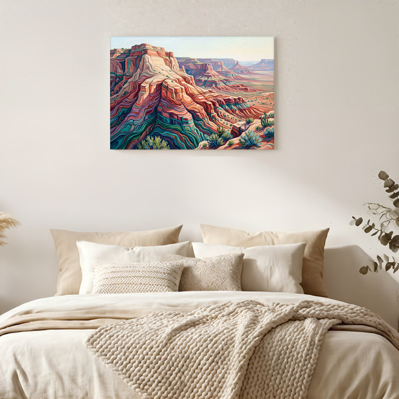 Toile peinte avec canapés rouges et sarcelle avec cactus du désert, H 16 po x l 24 po