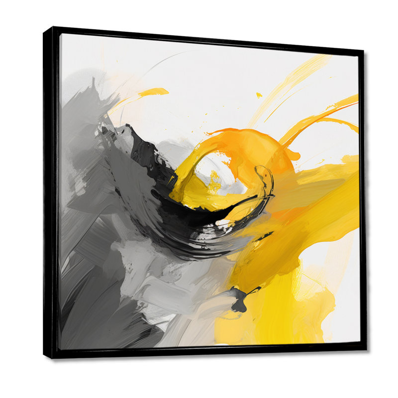 Fragments de sentiment jaune et gris II - art mural paysage urbain, Cadre flottant noir, H 16 po x l 16 po x P 1 po