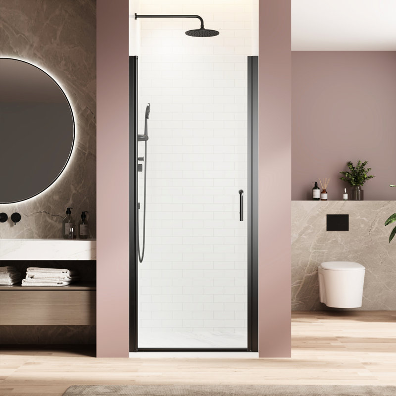 Porte de douche à panneau pivotant simple de 72 pouces de haut, 28 pouces de large, en acier inoxydable noir mat, imperméable et peu encombrante