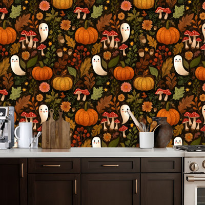 Papier auto-adhésif à peler et coller, aquarelle, citrouilles d'Halloween, forêt, auto-adhésif et amovible 24 po x 118 po (60 x 300 cm)