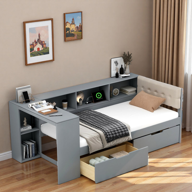 Lit plateforme avec tablettes de rangement, tiroirs, station de charge, bureau et tête de lit tapissier, Lit simple, Gris