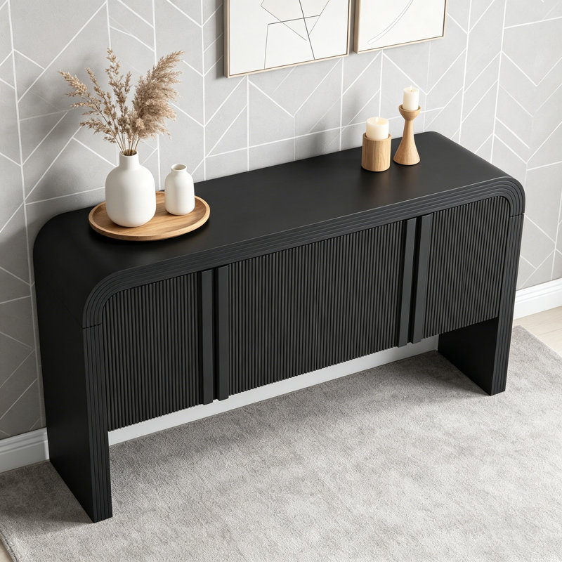 62.2'' Rustic Wave-Pattern Console Table With 4 Doors & Adjustable Shelf, Curved Sofa Table For Living Room, Foyer & Hallway