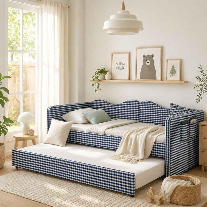 Lit de jour simple tapissier en vichy avec gigogne gigogne et poche de rangement, canapé-lit multifonctionnel en bois massif pour chambre d'enfant, bleu