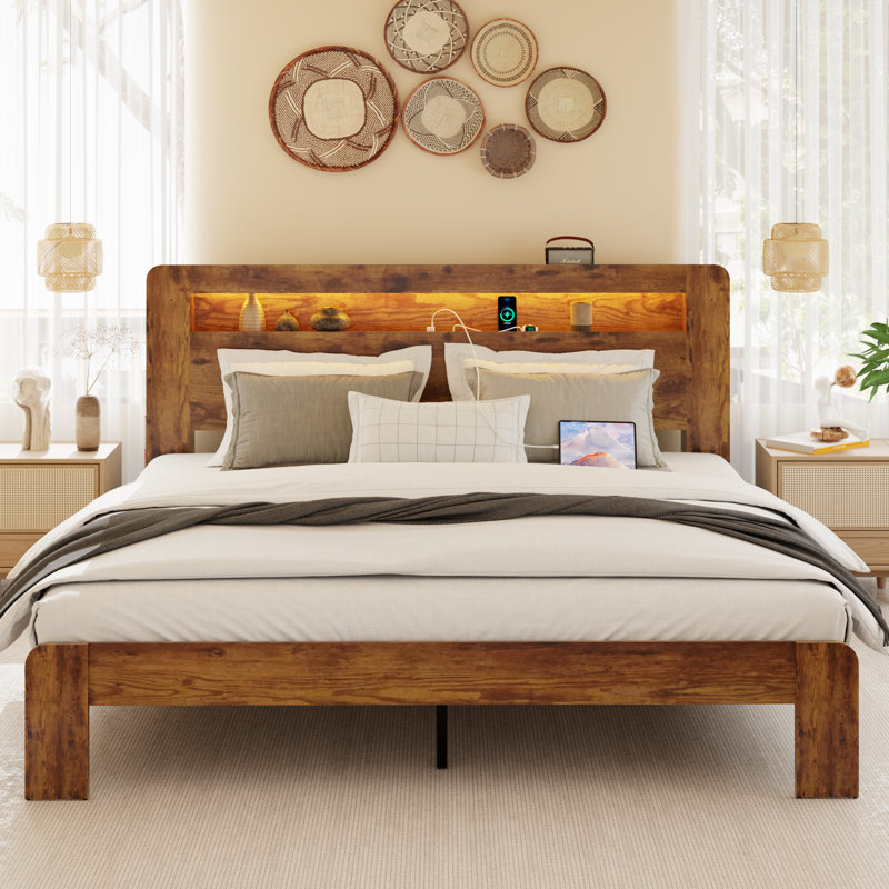 Farmhouse Wooden Bed Frame with Storage Headboard, Platform Bed with Charging Station & LED Light,Noise Free,No Box Spring Needed and Easy Assembly