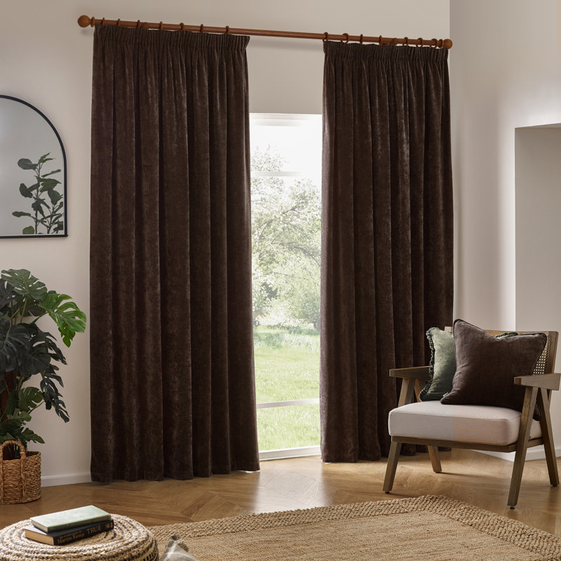 Heavy Chenille Room Darkening Pencil Pleat Curtains, Brown, 168 W x 229 D cm