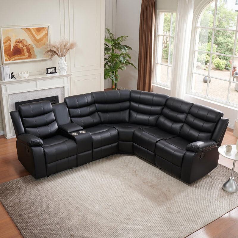 Lacreta Reclining L-Shaped Sectional Living Room Set with Storage Console & Cup Holders, Black Faux Leather
