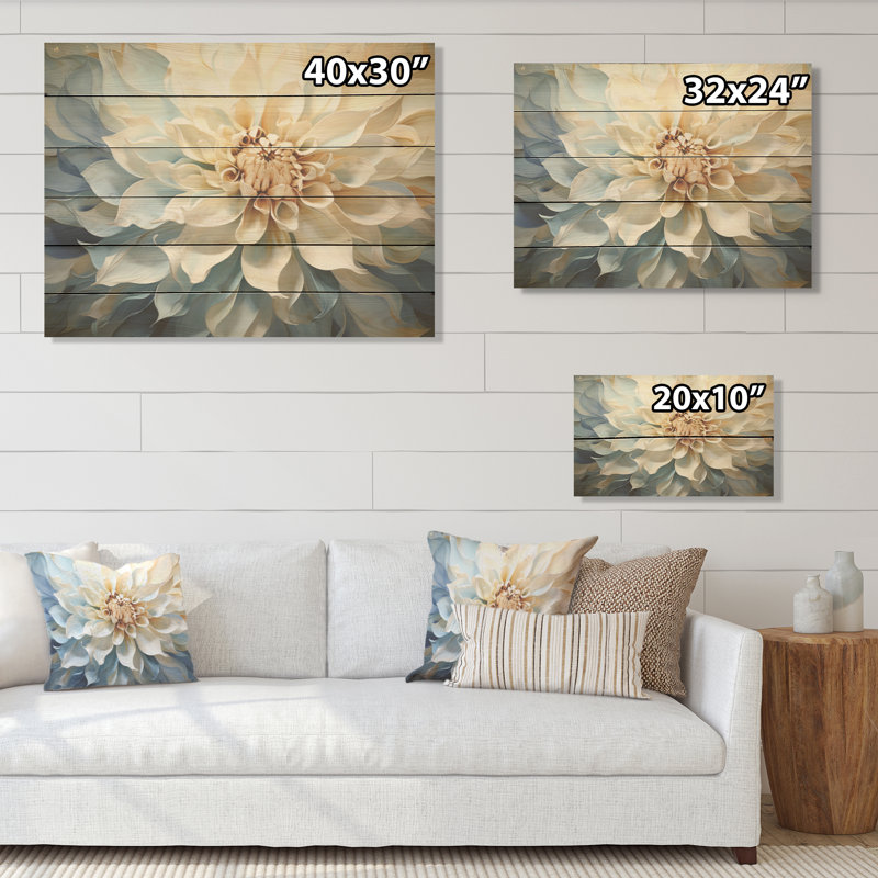 White And Blue Dahlia Flower Minimalism - Dahlia Wood Wall Art On Natural Pine Wood, 30" H x 40" W