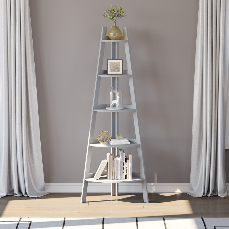 Étagère de coin Axton 63 po H / Gris clair avec 5 niveaux et bordures pour le salon, Gris clair