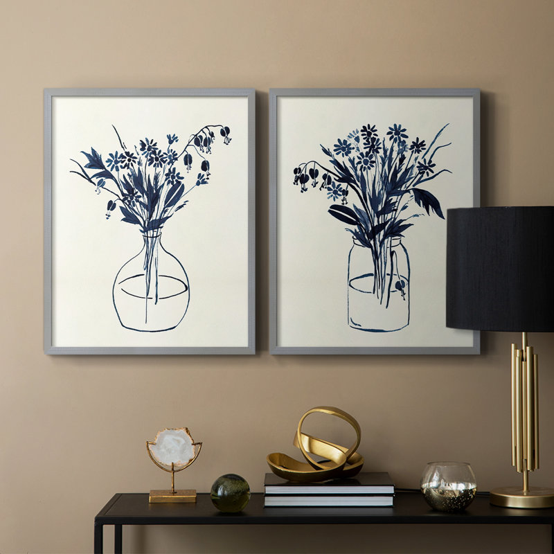 Vase floral indigo I - impression encadrée de qualité supérieure - prêt à être accroché - aucun clou requis - aucun clou requis