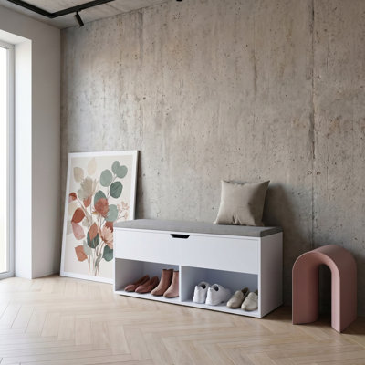 Banc de rangement pour chaussures avec coussin - Banc de rangement pour chaussures avec 2 compartiments ouverts et 1 caché, banc de rangement rembourré pour le salon et la chambre à coucher, blanc et gris
