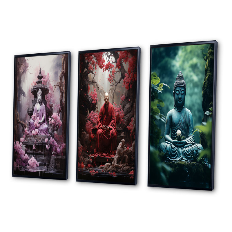 «Pink Buddhism Buddhist Chant» - ensemble de 3 impressions, H 40 po x l 60 po, Cadre noir
