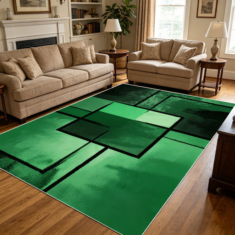 1PC Geometric Emerald Green Abstract Block area rugs for Living Room, Soft and Comfortable, Suitable for all seasons, easy-to-maintain, machine washable Indoor floor mat, Under Table Farmhouse suitable for dining room, bedroom, home office,