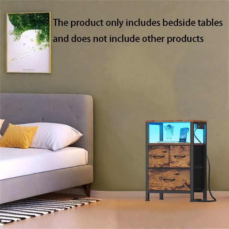 Multifunctional Bedside Table With Charging Station, LED Lights & Storage, Brown