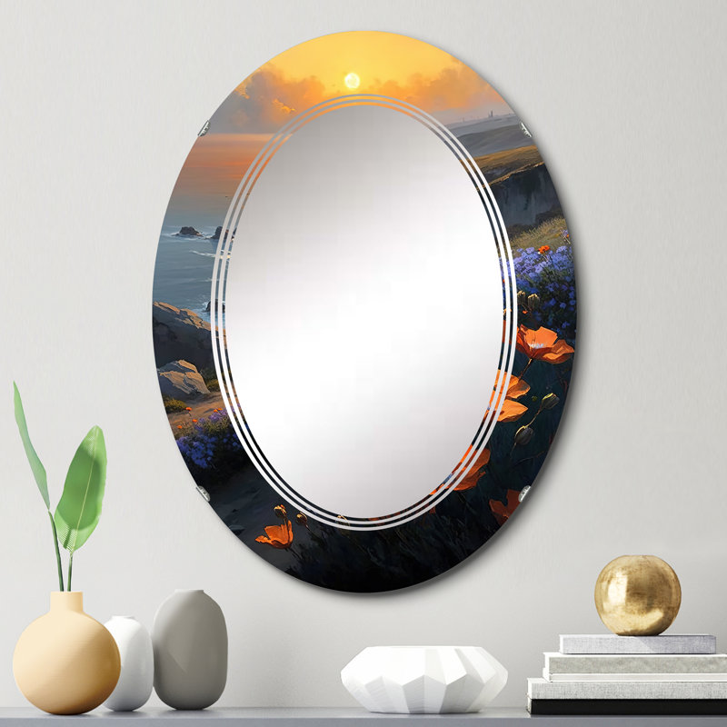 Pollye fleurs orange par la côte II - miroir mural plage, 30 po x 20 po