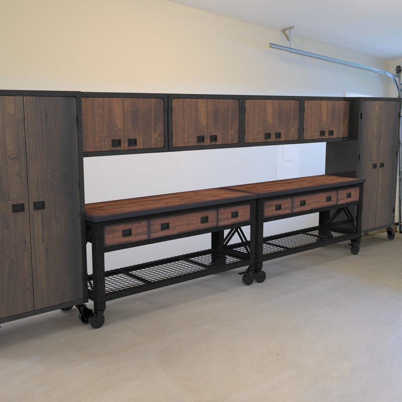 8-Piece Industrial Garage Storage Set with 2 72 in. Workbenches, 4 Wall Cabinets & 2 Freestanding Cabinets