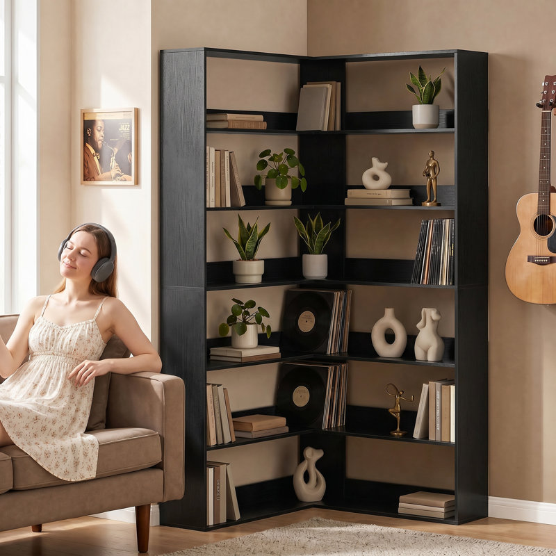 HOMCOM 7 Tiers Corner Bookshelf, 90W x 90D x 180H, Black