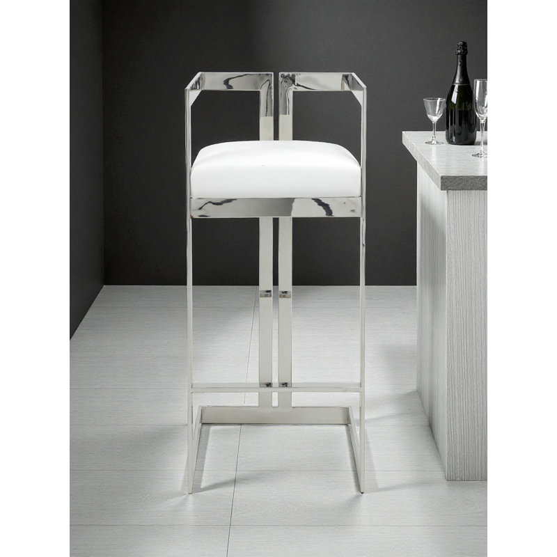 Tabouret de bar avec repose-pieds Kenzie, Argent argent, Simili cuir blanc, Tabouret de bar (siège d'une hauteur de 29,5 po)