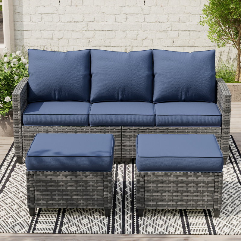 3-Person Patio Sofa With 2 Ottomans, Gray, Navy