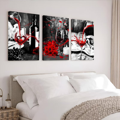 Red Wine And Roses Canvas Wrapped Wall Art Set Of 3 For Living Room Bedroom Kitchen Decor