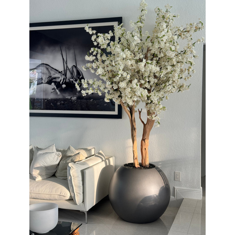 White Cherry Blossom Tree In 30" Matte Grey Globe Planter