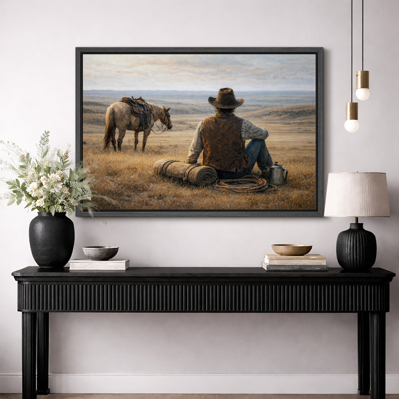 Cowboy et cheval, H 16 po x l 24 po x P 1,5 po, Cadre noir