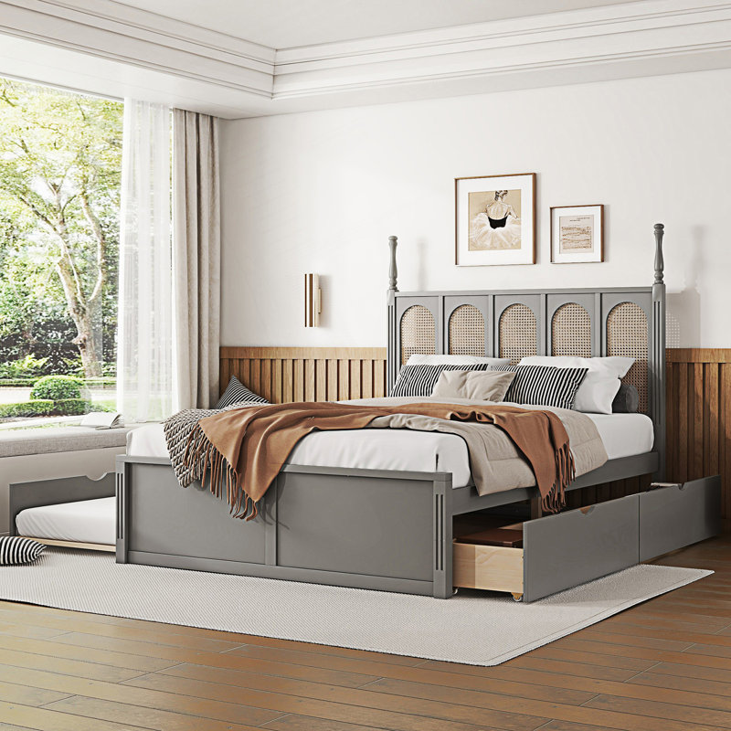 Grand lit plateforme en rotin moderne avec 2 grands tiroirs et un lit gigogne simple, gris