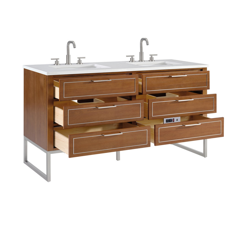 Markham 60'' W Double Vanity, Universal Calacatta Quartz, Brushed Nickel, Walnut