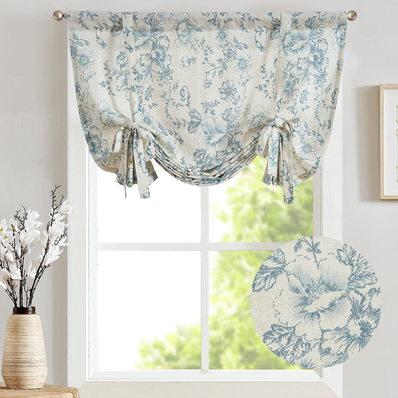 Floral Linen Tie Up Shade Valance, Blue, 42" W x 45" L