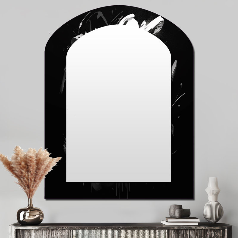Exploring The Depths Of Black Marble VIII - Geometric Arch Mirror, Black Asymmetrical Unique Wall Mirror, Printed Metal Art