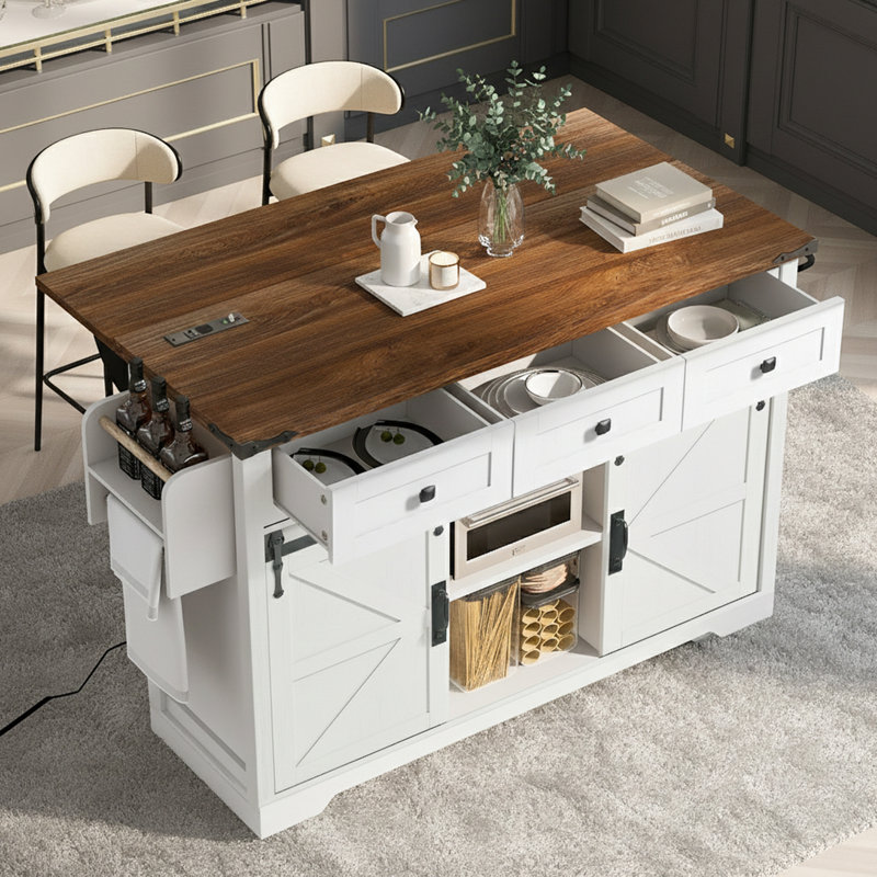 Îlot de cuisine à porte coulissante avec prise de courant et support à épices, Blanc