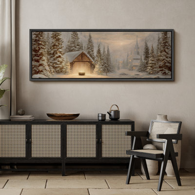 Douce crèche de Noël dorée et stable, paysage d'hiver encadré dans la chambre principale, reproduction d'art 2 pièces
