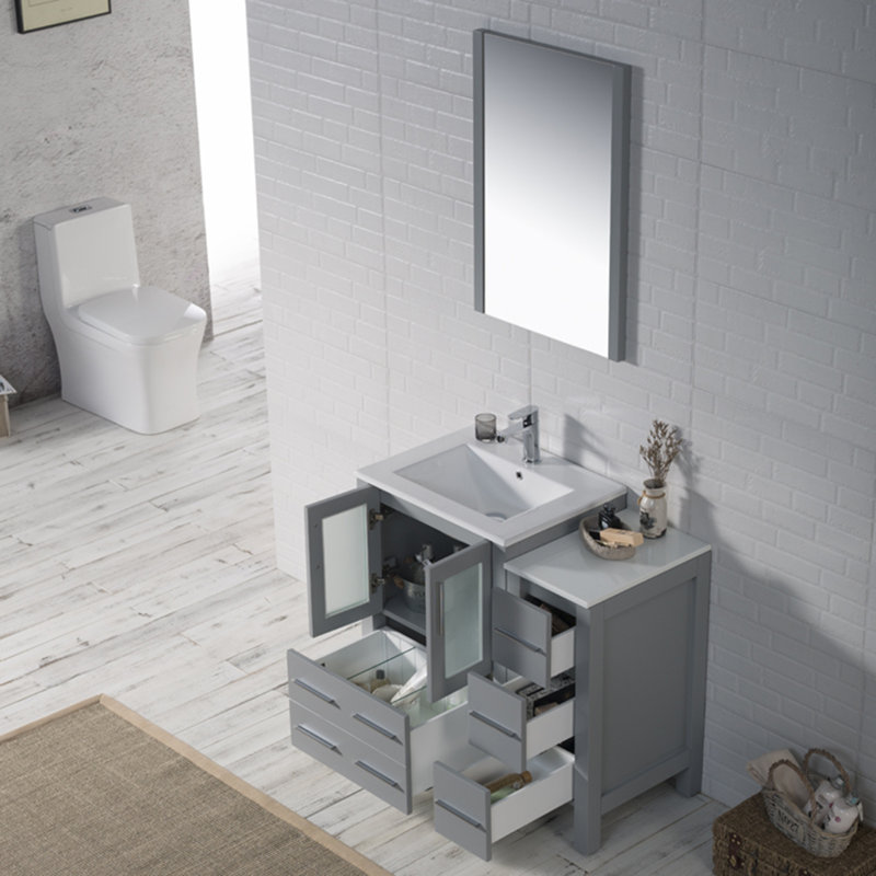 Meuble-lavabo en bois massif 36 po avec lavabo et armoire d'appoint en céramique Blossom | Meuble-lavabo sur pied à simple cuve | Tiroirs à fermeture en douceur et portes en verre trempé