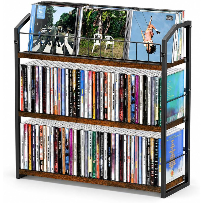 Étagère de rangement pour CD, porte-CD à 3 niveaux avec présentoir, peut contenir 123 boîtiers - Noyer. Organisateur de CD polyvalent.