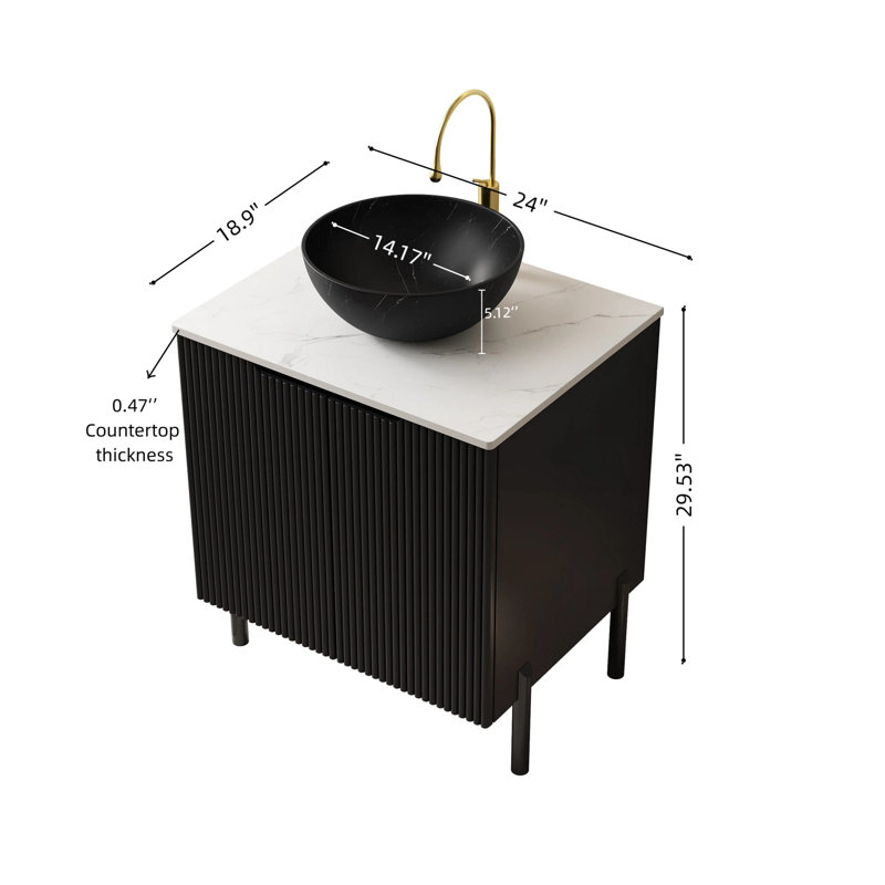 Freestanding Standard With Top, Bol en pierre noir, 24"
