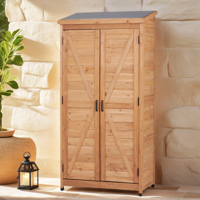 Modern Farmhouse Vertical Storage Shed, Cedar Wood Tool Cabinet With Sloped Metal Roof, Adjustable Shelves, Patio/Garden/Backyard
