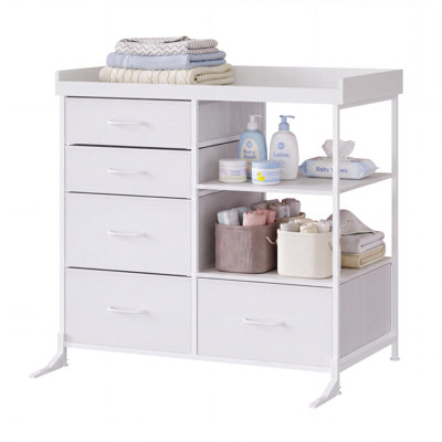 Commode à langer blanche avec 5 tiroirs, commode pour bébé avec tablettes ouvertes, table à langer avec structure en acier, pieds réglables pour la chambre à coucher