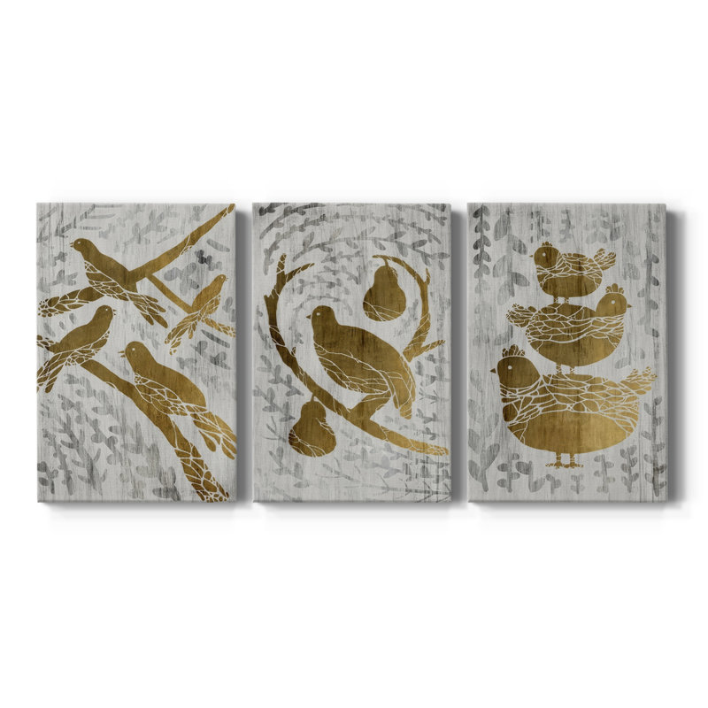 Quatre oiseaux chanteurs - feuille d'or - toile tendue sur mesure - 3 pièces, H 27 po x l 54 po
